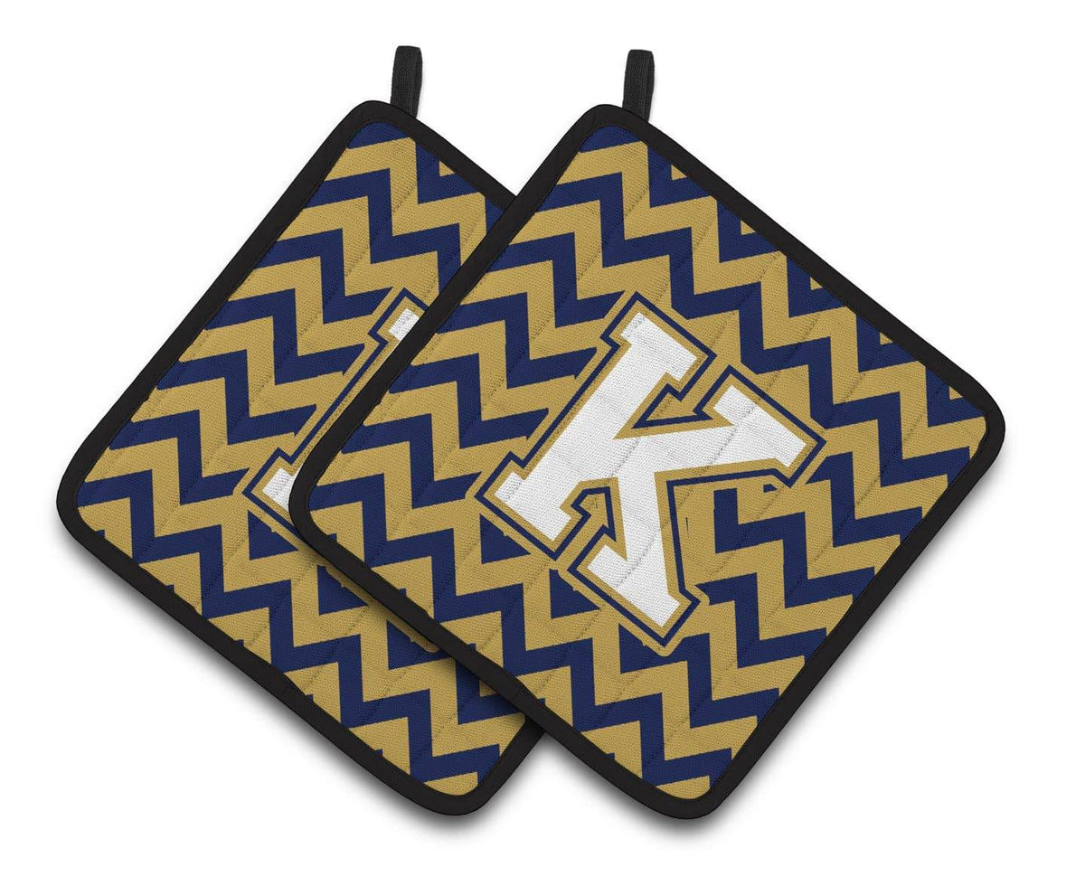 Letter K Chevron Navy Blue and Gold Pair of Pot Holders CJ1057-KPTHD - the-store.com