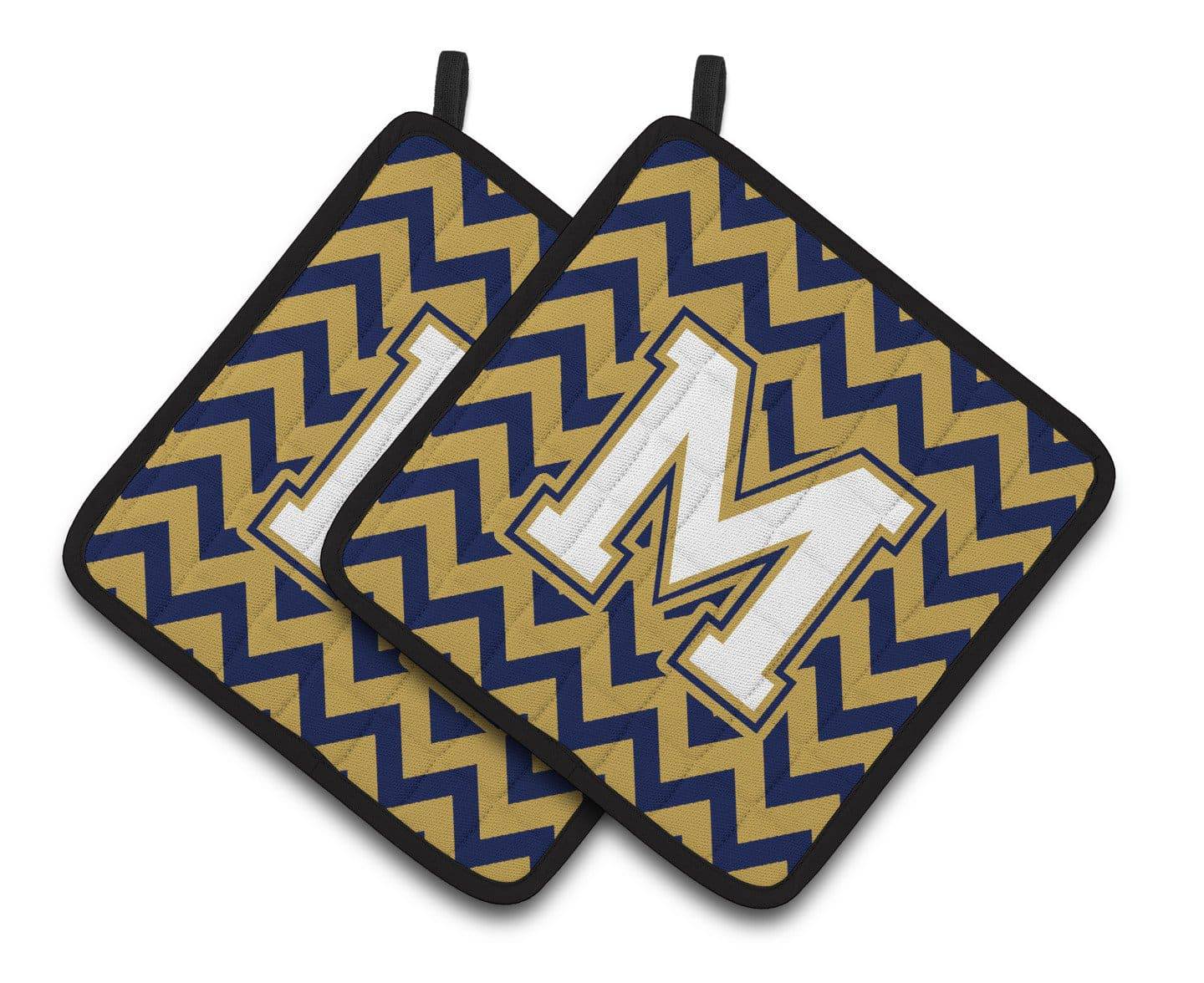 Letter M Chevron Navy Blue and Gold Pair of Pot Holders CJ1057-MPTHD - the-store.com