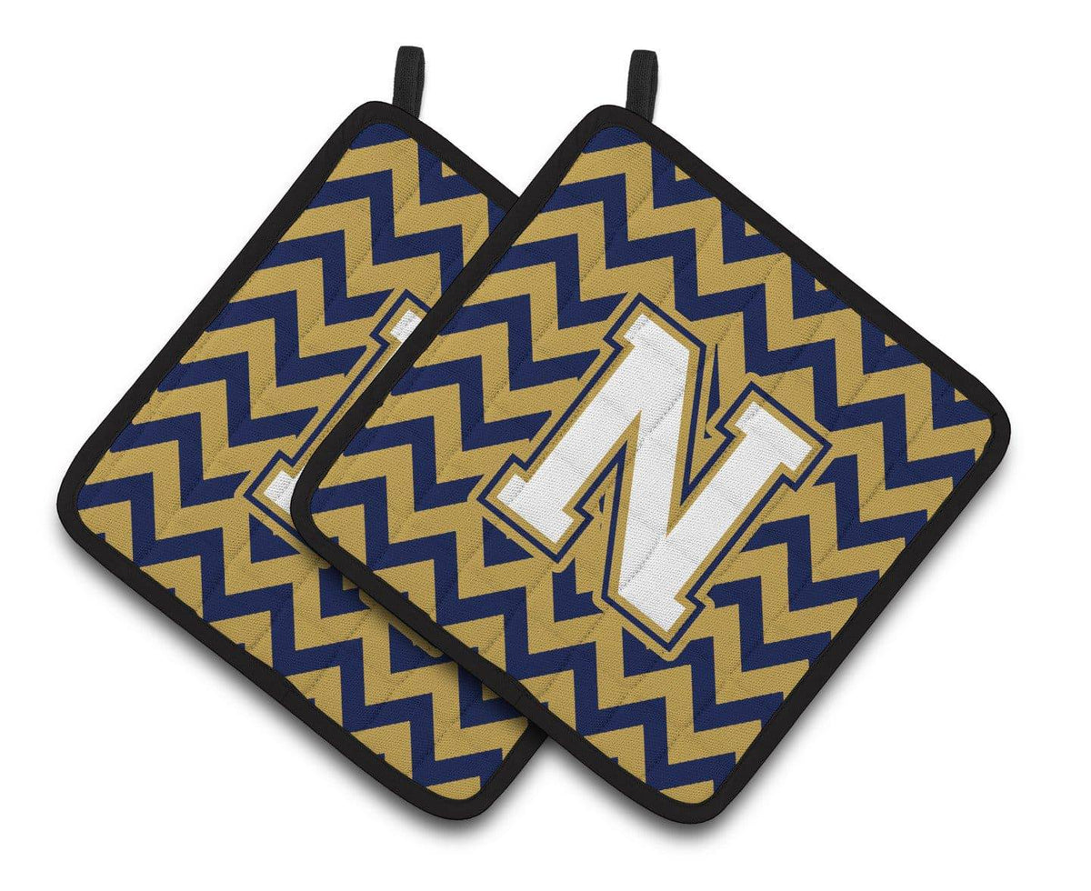 Letter N Chevron Navy Blue and Gold Pair of Pot Holders CJ1057-NPTHD - the-store.com