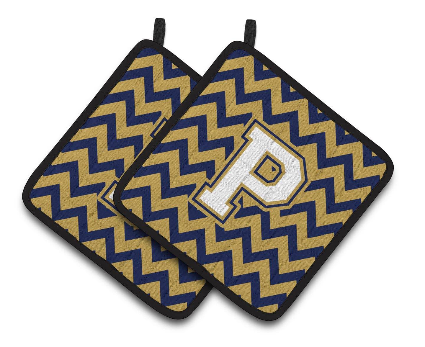 Letter P Chevron Navy Blue and Gold Pair of Pot Holders CJ1057-PPTHD - the-store.com