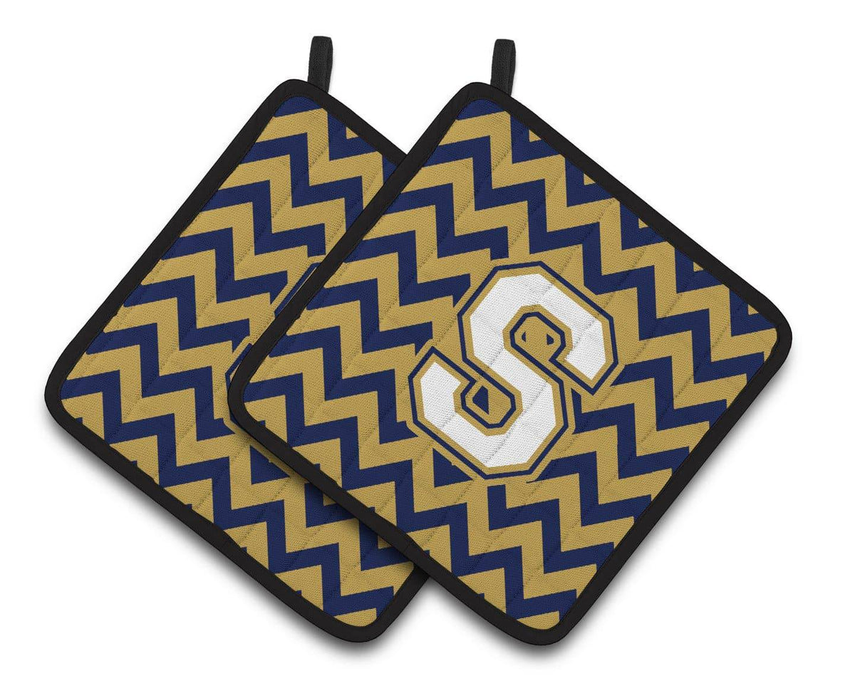Letter S Chevron Navy Blue and Gold Pair of Pot Holders CJ1057-SPTHD - the-store.com