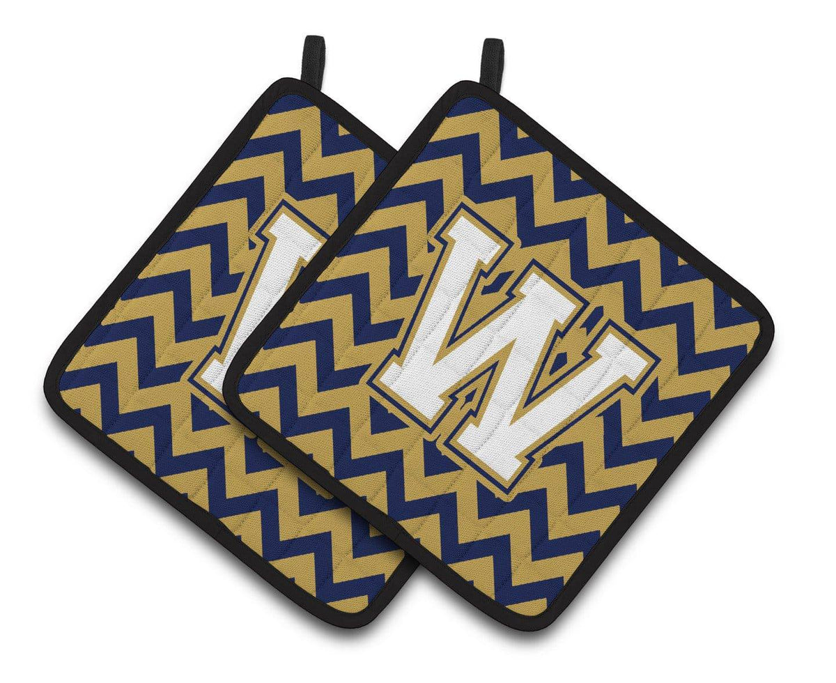 Letter W Chevron Navy Blue and Gold Pair of Pot Holders CJ1057-WPTHD - the-store.com