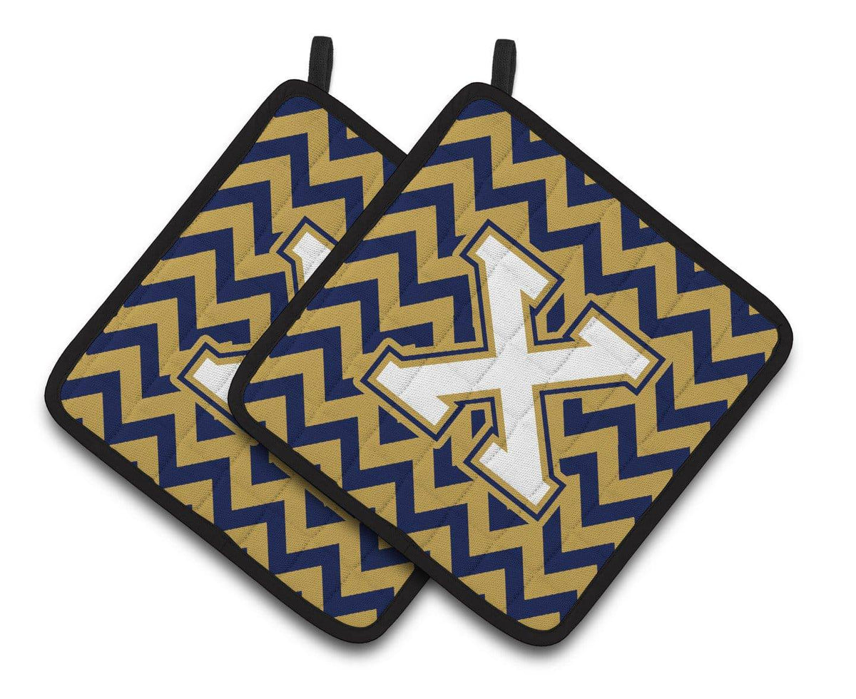 Letter X Chevron Navy Blue and Gold Pair of Pot Holders CJ1057-XPTHD - the-store.com