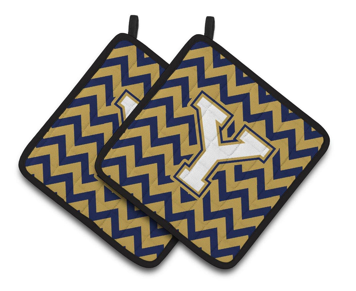 Letter Y Chevron Navy Blue and Gold Pair of Pot Holders CJ1057-YPTHD - the-store.com
