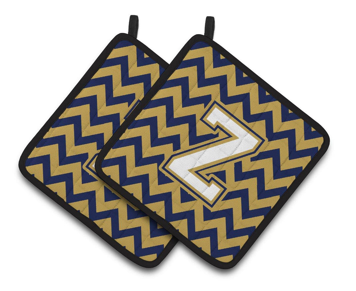 Letter Z Chevron Navy Blue and Gold Pair of Pot Holders CJ1057-ZPTHD - the-store.com