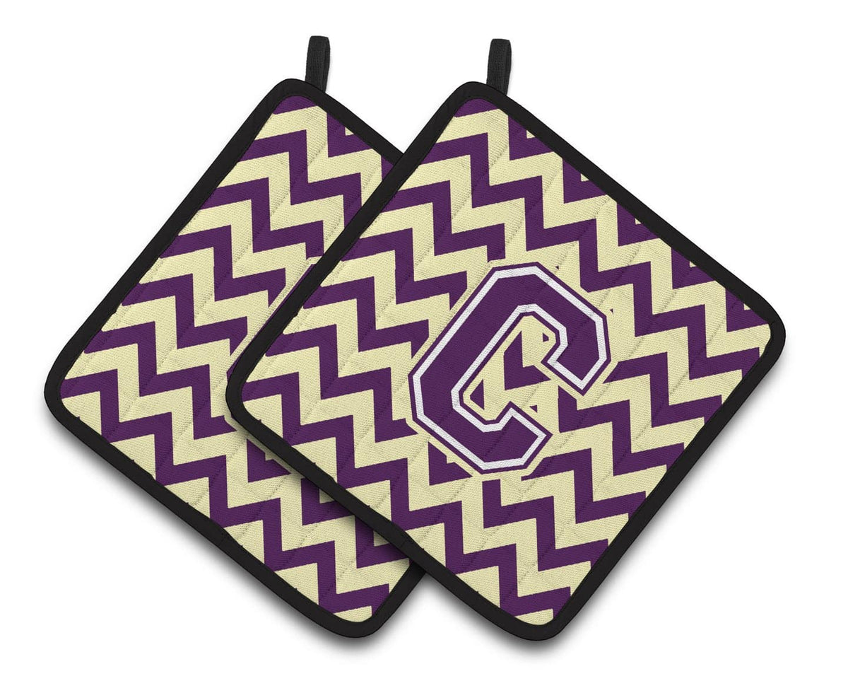 Letter C Chevron Purple and Gold Pair of Pot Holders CJ1058-CPTHD - the-store.com