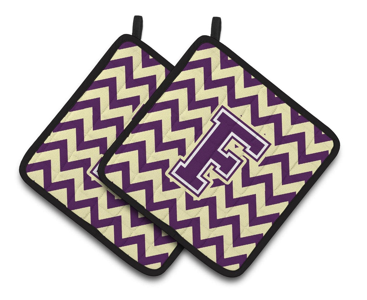 Letter F Chevron Purple and Gold Pair of Pot Holders CJ1058-FPTHD - the-store.com