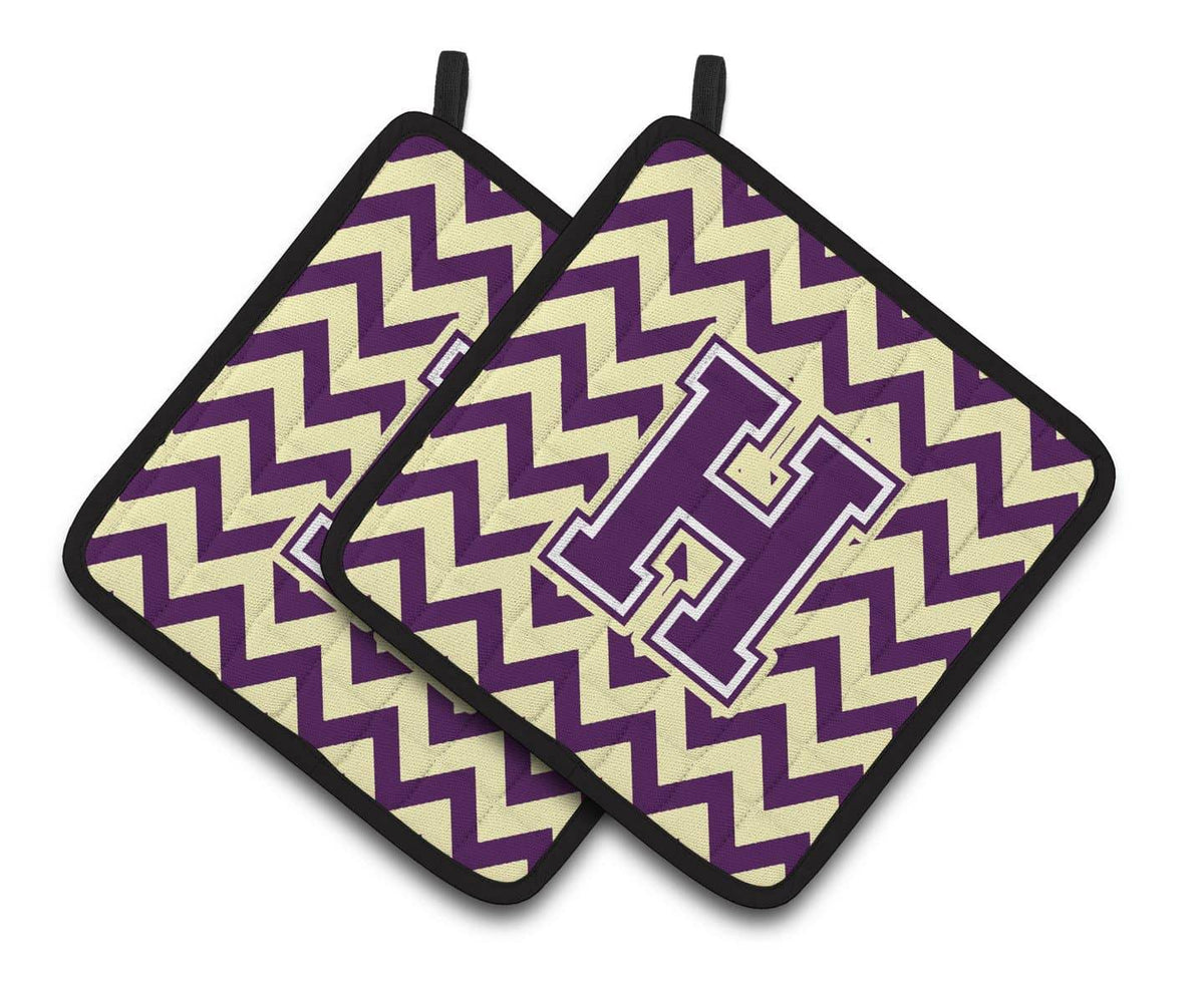 Letter H Chevron Purple and Gold Pair of Pot Holders CJ1058-HPTHD - the-store.com