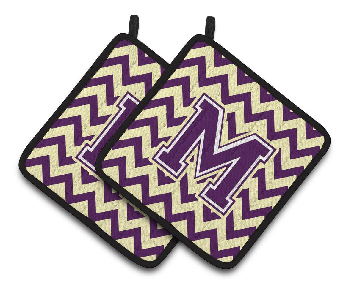 Letter M Chevron Purple and Gold Pair of Pot Holders CJ1058-MPTHD - the-store.com