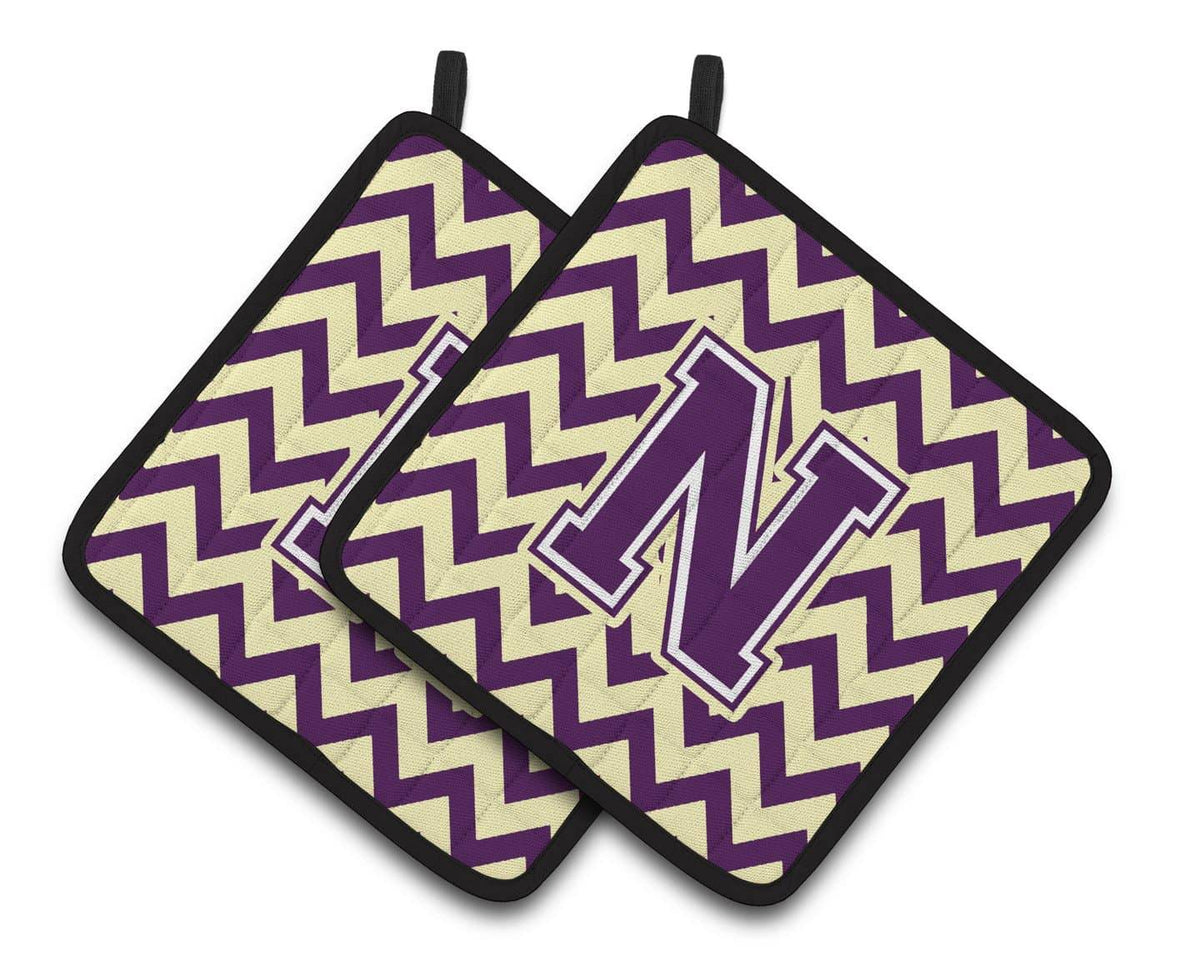 Letter N Chevron Purple and Gold Pair of Pot Holders CJ1058-NPTHD - the-store.com