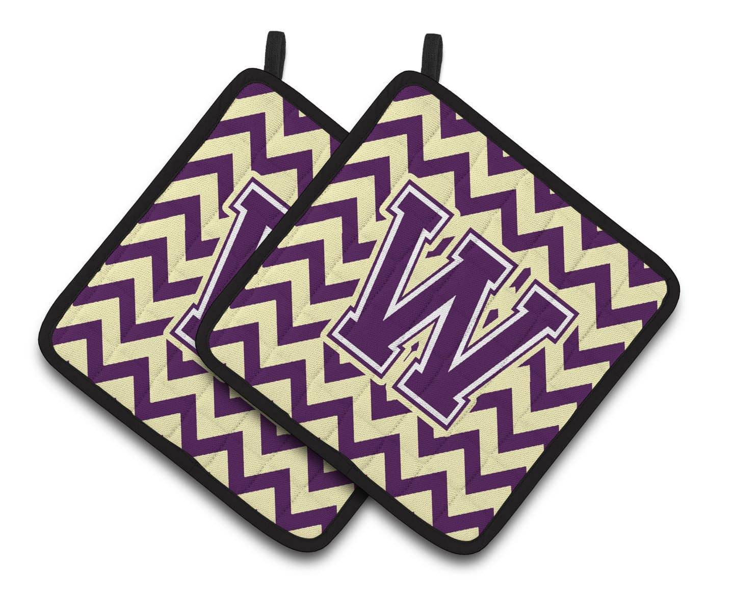Letter W Chevron Purple and Gold Pair of Pot Holders CJ1058-WPTHD - the-store.com