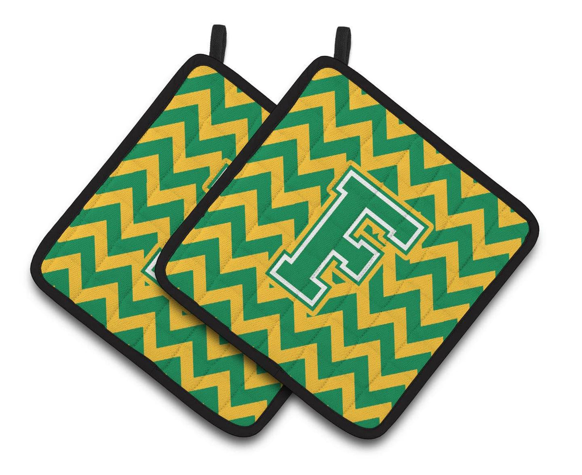 Letter F Chevron Green and Gold Pair of Pot Holders CJ1059-FPTHD - the-store.com