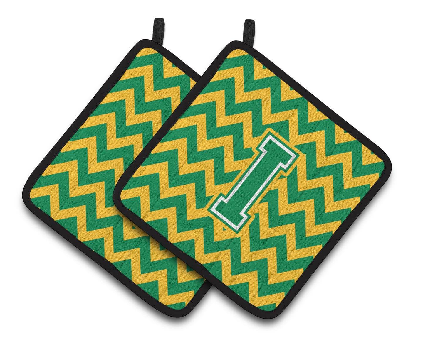 Letter I Chevron Green and Gold Pair of Pot Holders CJ1059-IPTHD - the-store.com
