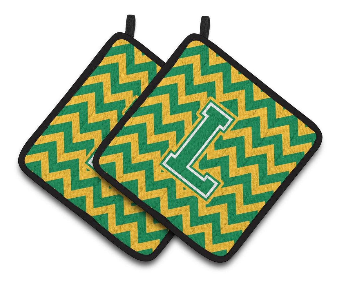 Letter L Chevron Green and Gold Pair of Pot Holders CJ1059-LPTHD - the-store.com