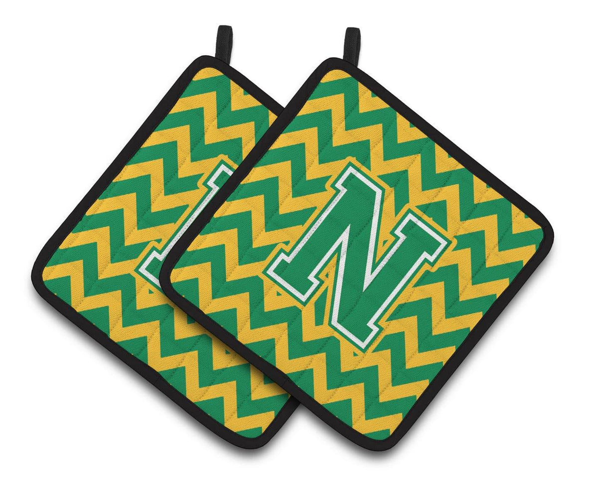 Letter N Chevron Green and Gold Pair of Pot Holders CJ1059-NPTHD - the-store.com