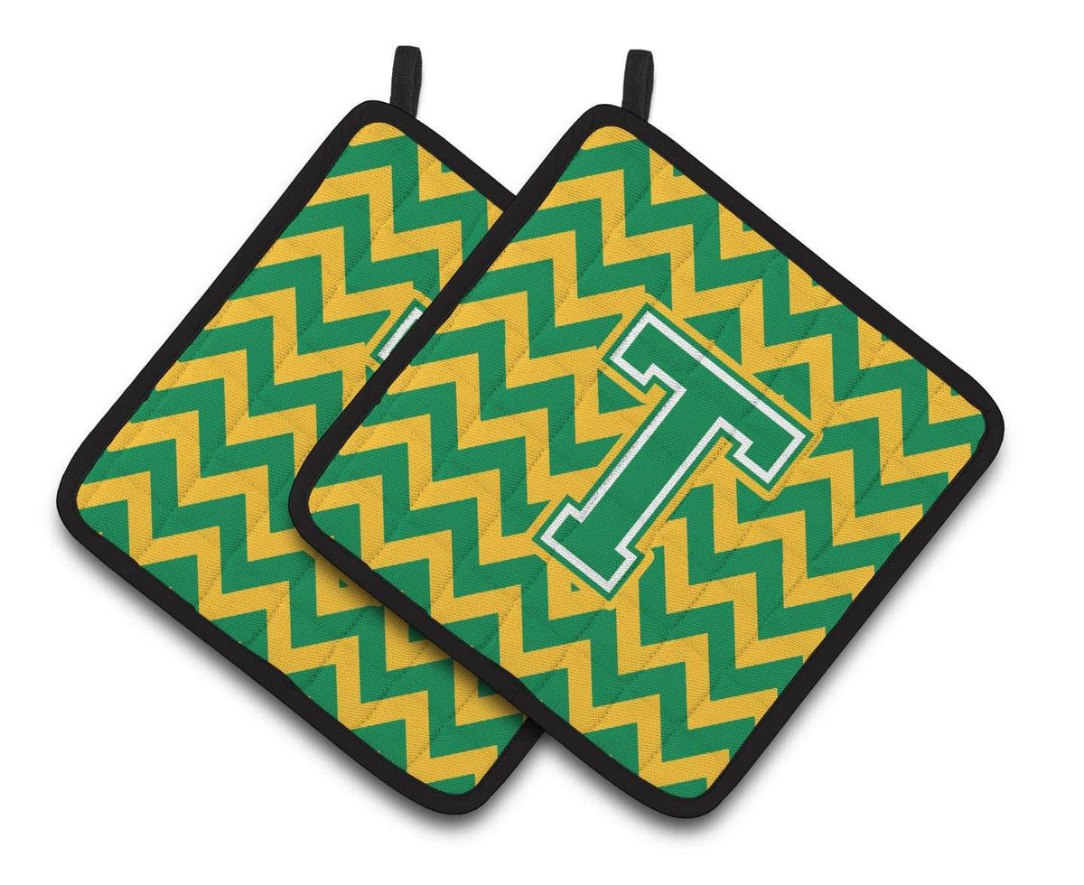 Letter T Chevron Green and Gold Pair of Pot Holders CJ1059-TPTHD - the-store.com