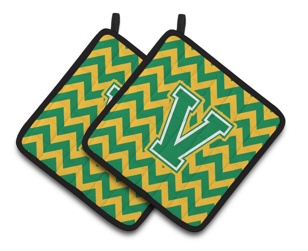 Letter V Chevron Green and Gold Pair of Pot Holders CJ1059-VPTHD - the-store.com