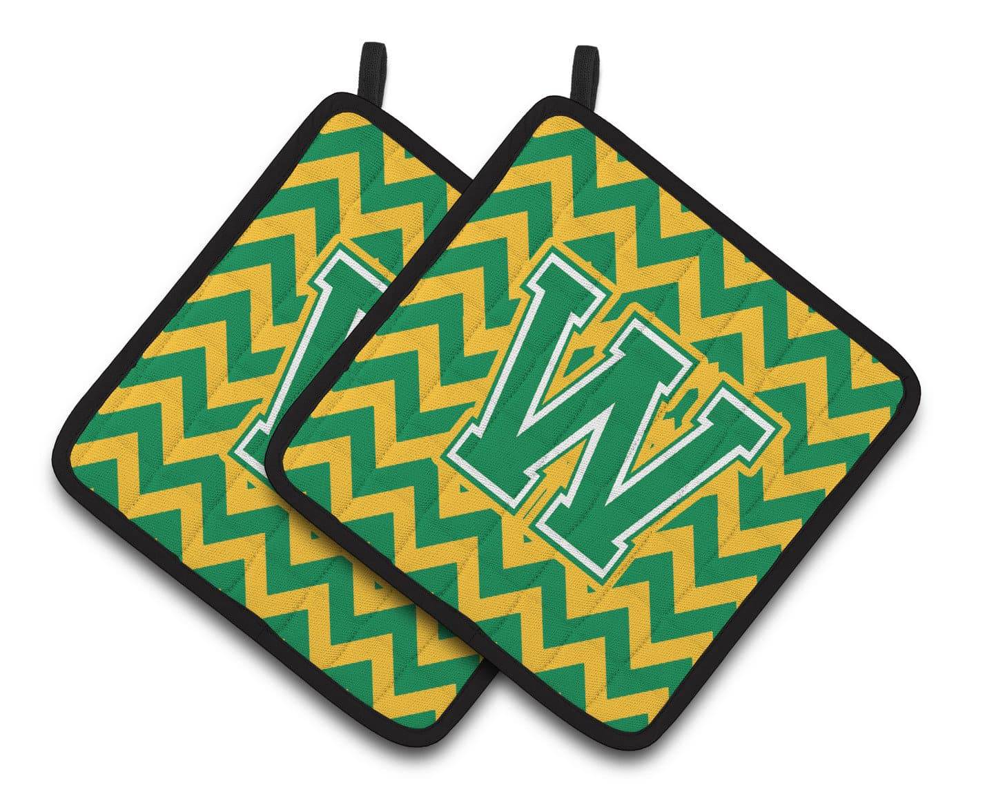 Letter W Chevron Green and Gold Pair of Pot Holders CJ1059-WPTHD - the-store.com