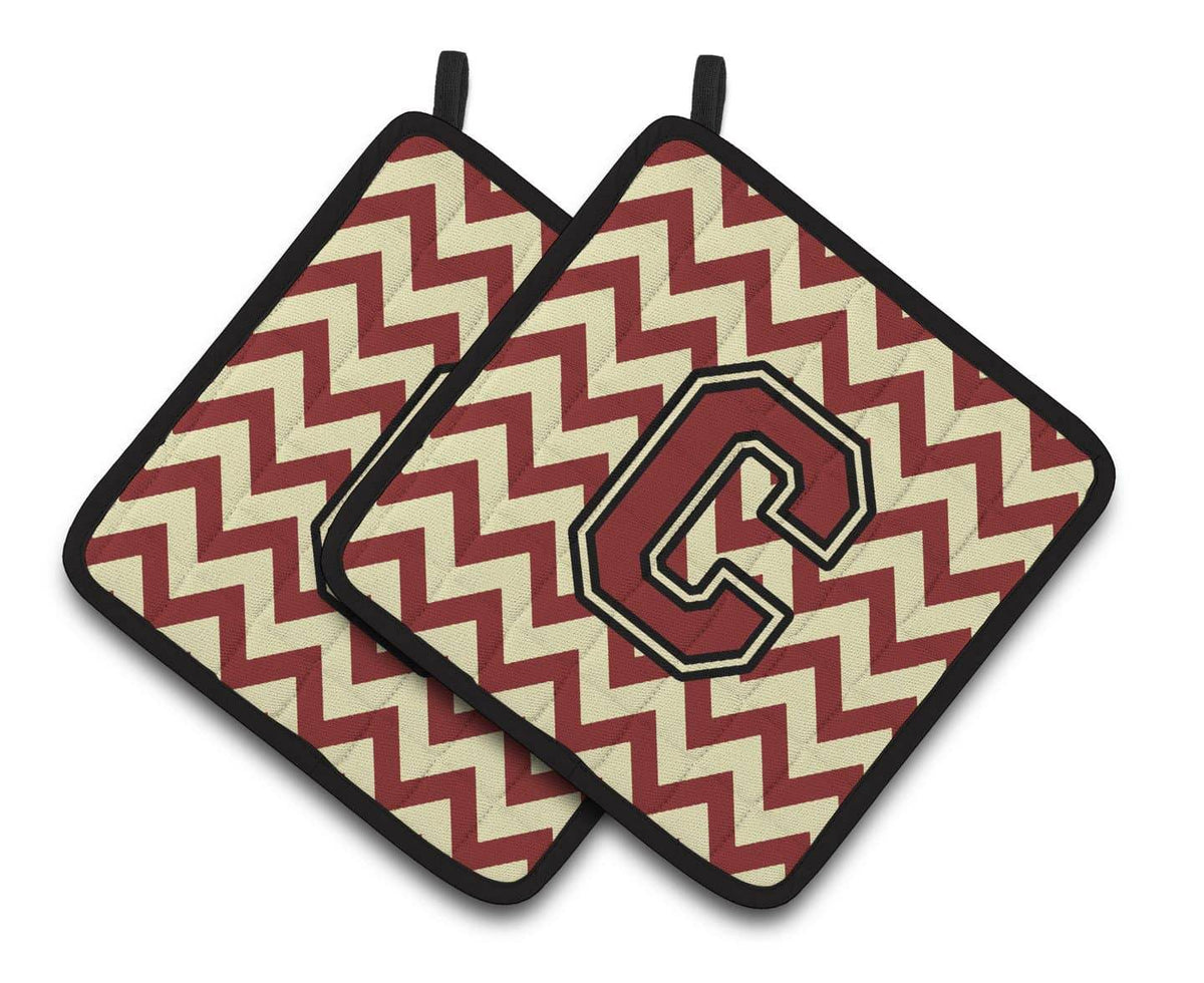 Letter C Chevron Maroon and Gold Pair of Pot Holders CJ1061-CPTHD - the-store.com