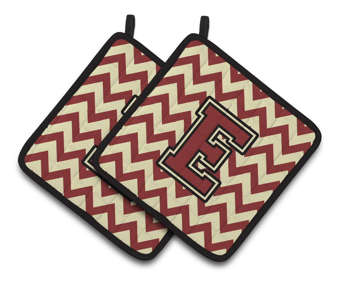 Letter E Chevron Maroon and Gold Pair of Pot Holders CJ1061-EPTHD - the-store.com