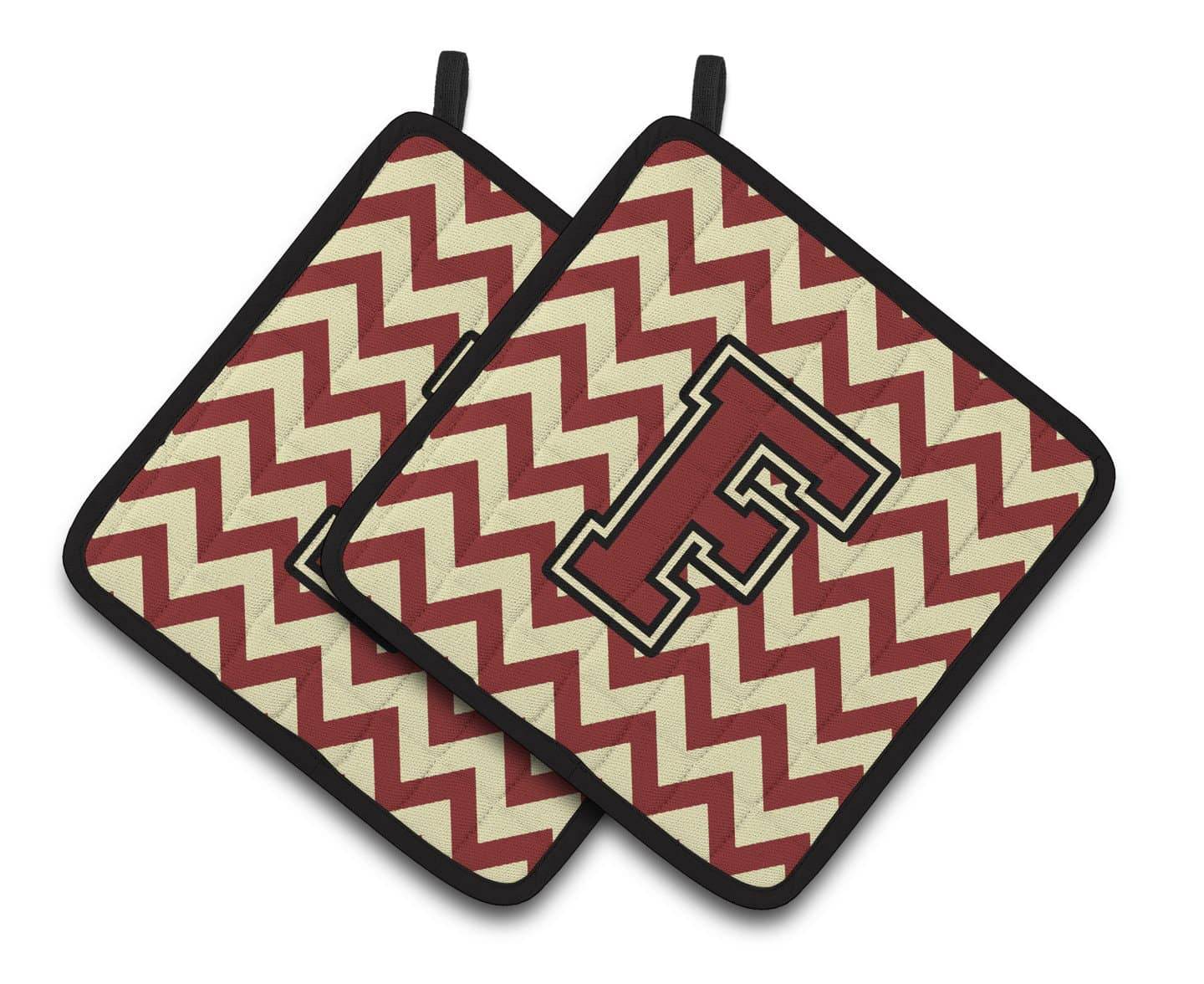 Letter F Chevron Maroon and Gold Pair of Pot Holders CJ1061-FPTHD - the-store.com