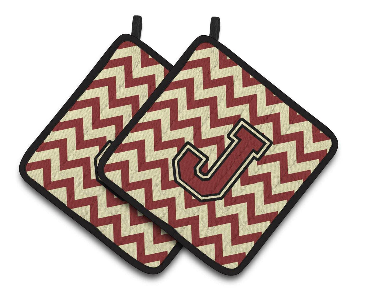 Letter J Chevron Maroon and Gold Pair of Pot Holders CJ1061-JPTHD - the-store.com