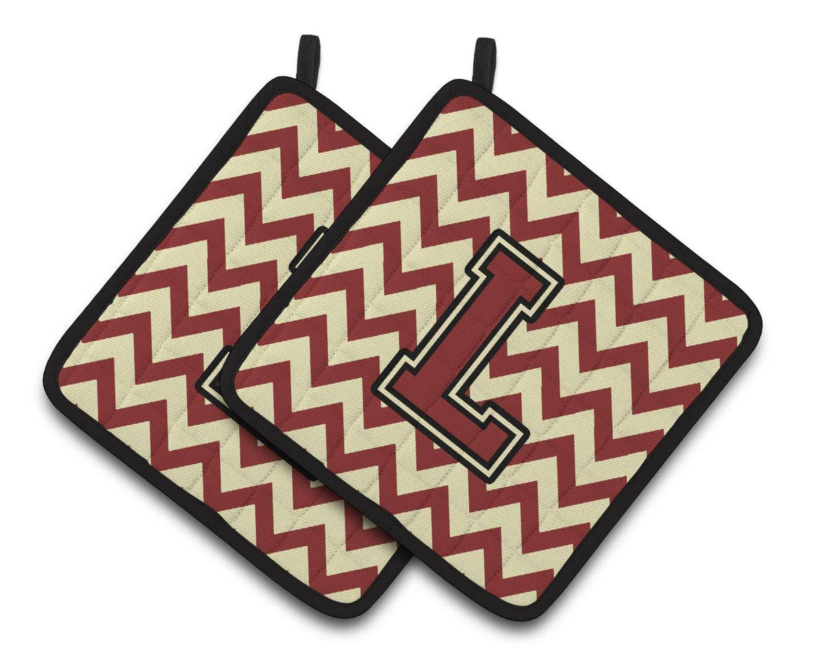 Letter L Chevron Maroon and Gold Pair of Pot Holders CJ1061-LPTHD - the-store.com