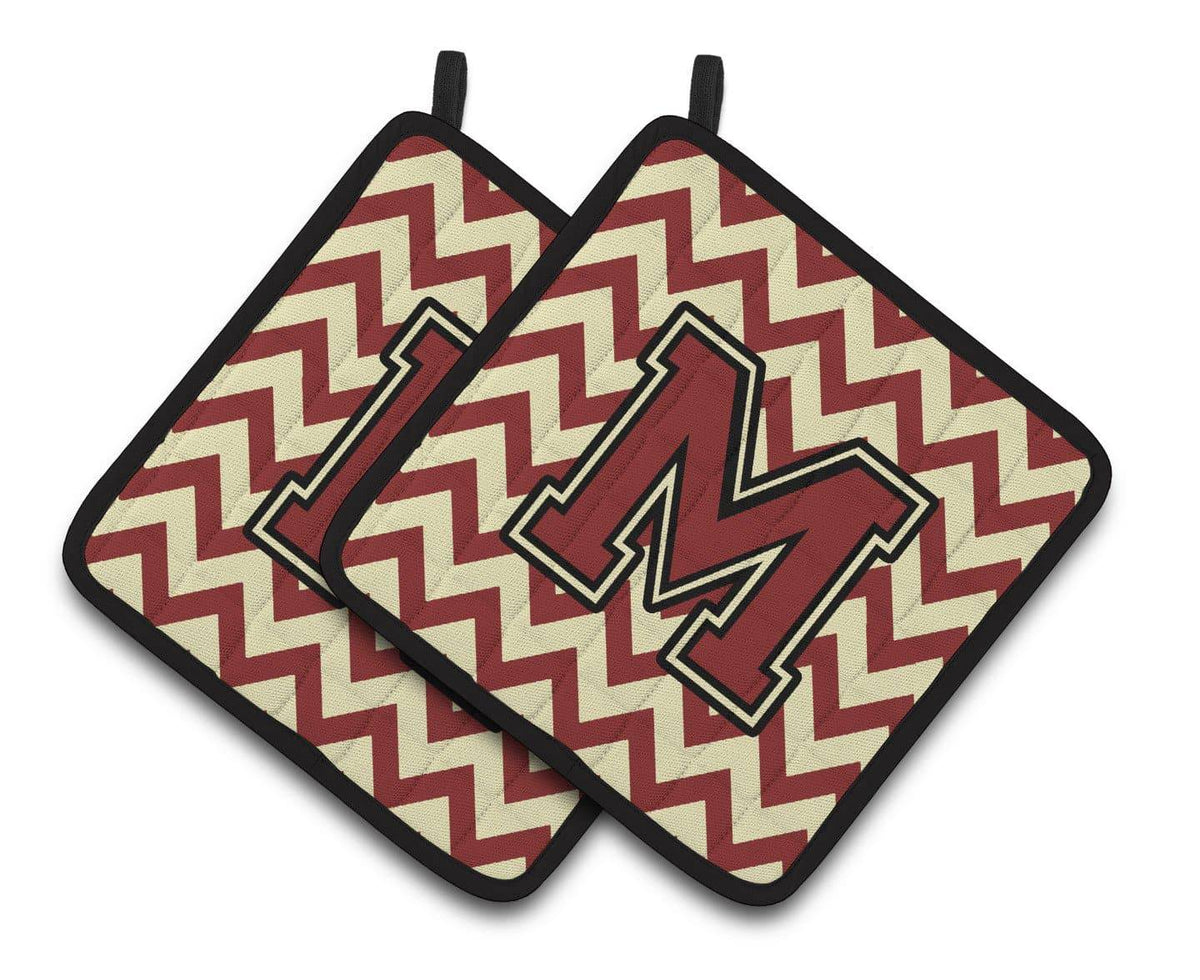 Letter M Chevron Maroon and Gold Pair of Pot Holders CJ1061-MPTHD - the-store.com