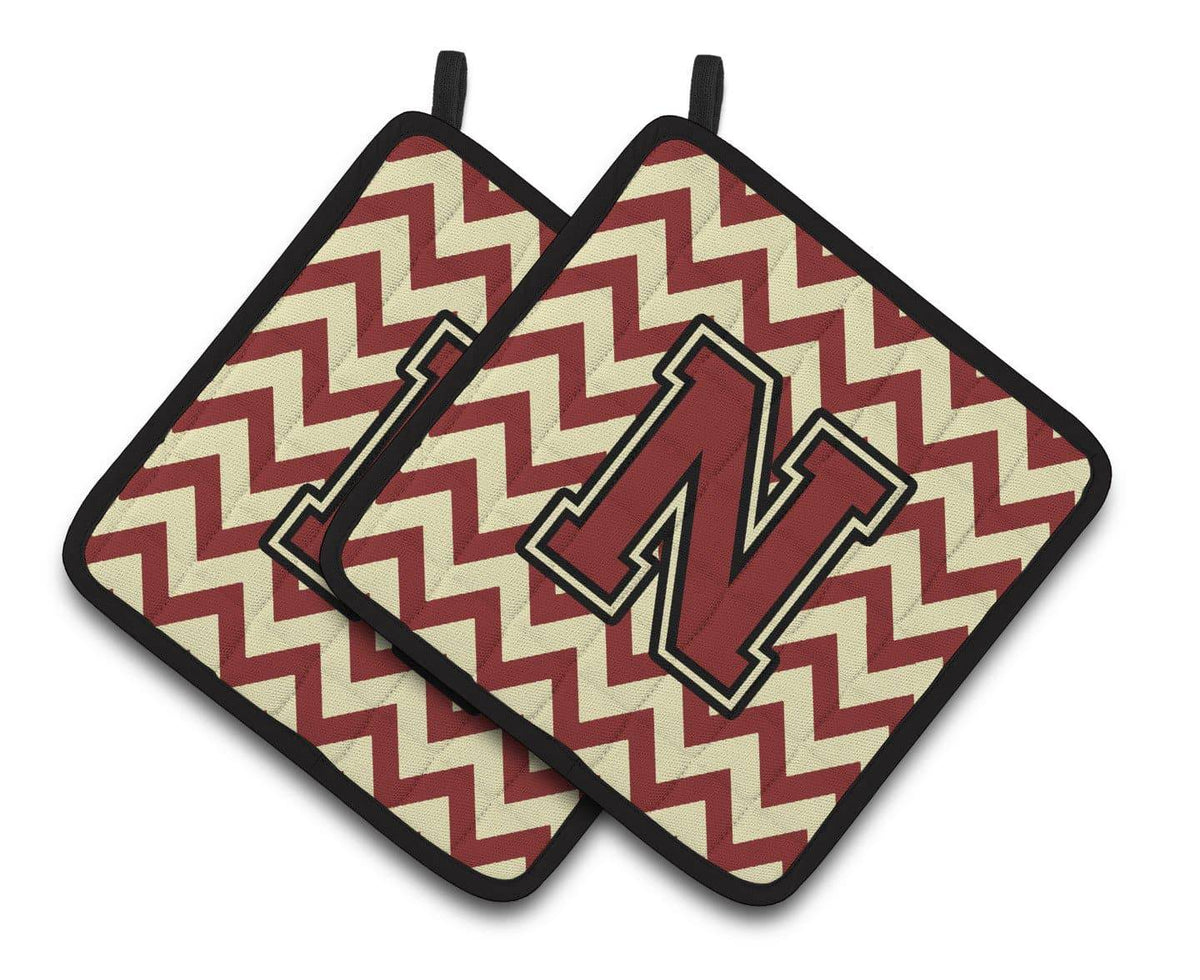 Letter N Chevron Maroon and Gold Pair of Pot Holders CJ1061-NPTHD - the-store.com