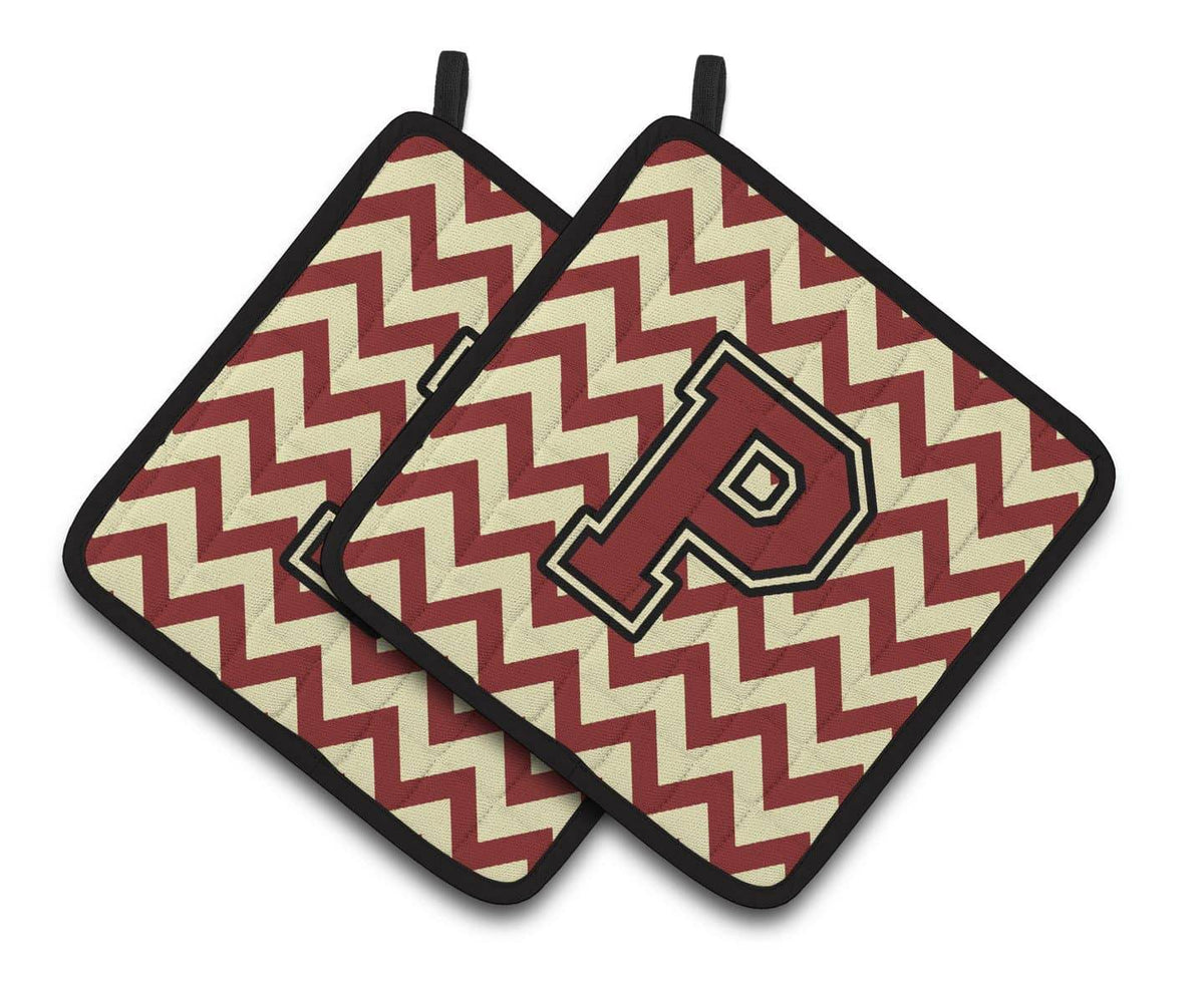 Letter P Chevron Maroon and Gold Pair of Pot Holders CJ1061-PPTHD - the-store.com