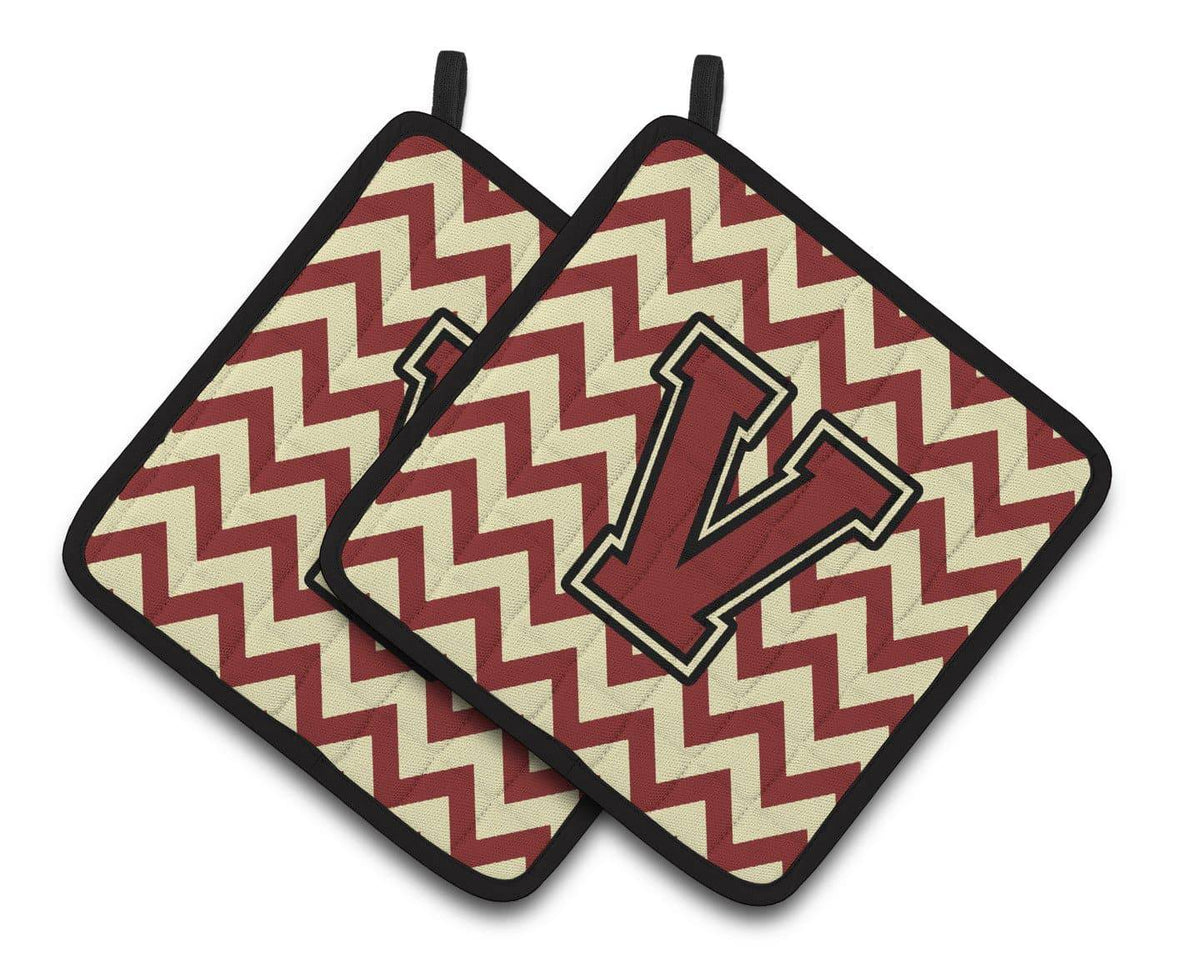 Letter V Chevron Maroon and Gold Pair of Pot Holders CJ1061-VPTHD - the-store.com