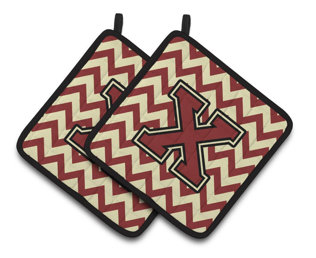 Letter X Chevron Maroon and Gold Pair of Pot Holders CJ1061-XPTHD - the-store.com