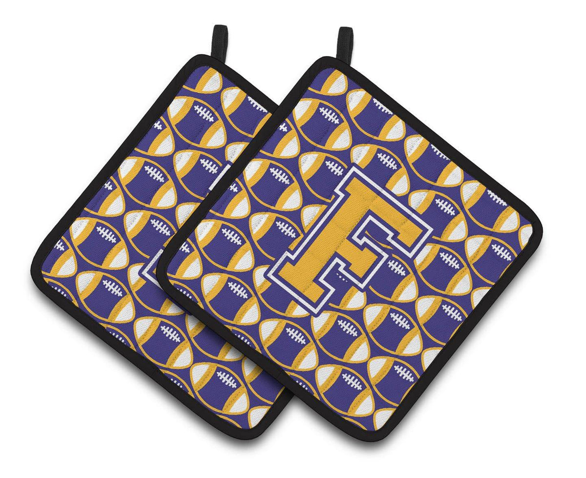 Letter F Football Purple and Gold Pair of Pot Holders CJ1064-FPTHD - the-store.com