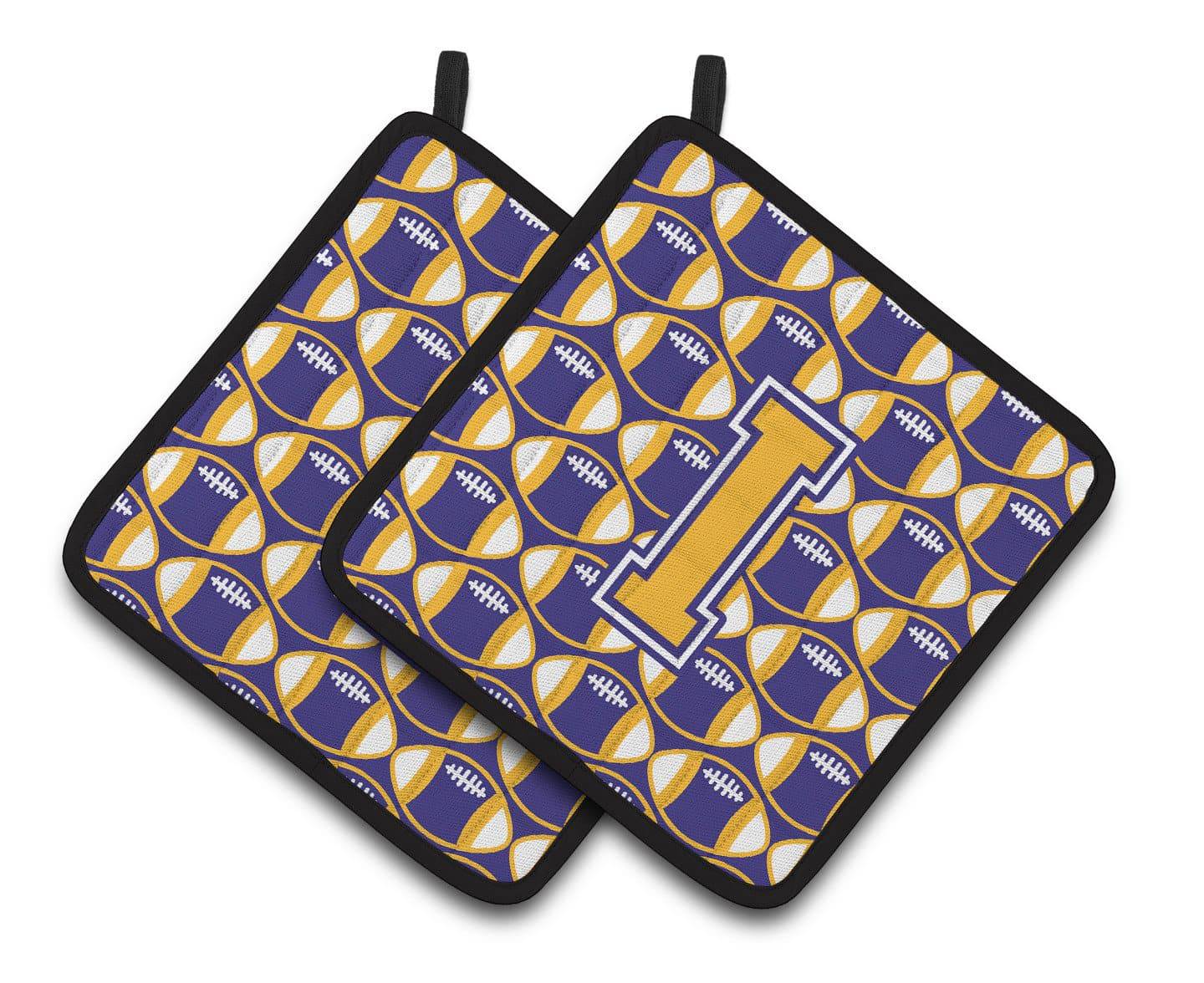 Letter I Football Purple and Gold Pair of Pot Holders CJ1064-IPTHD - the-store.com