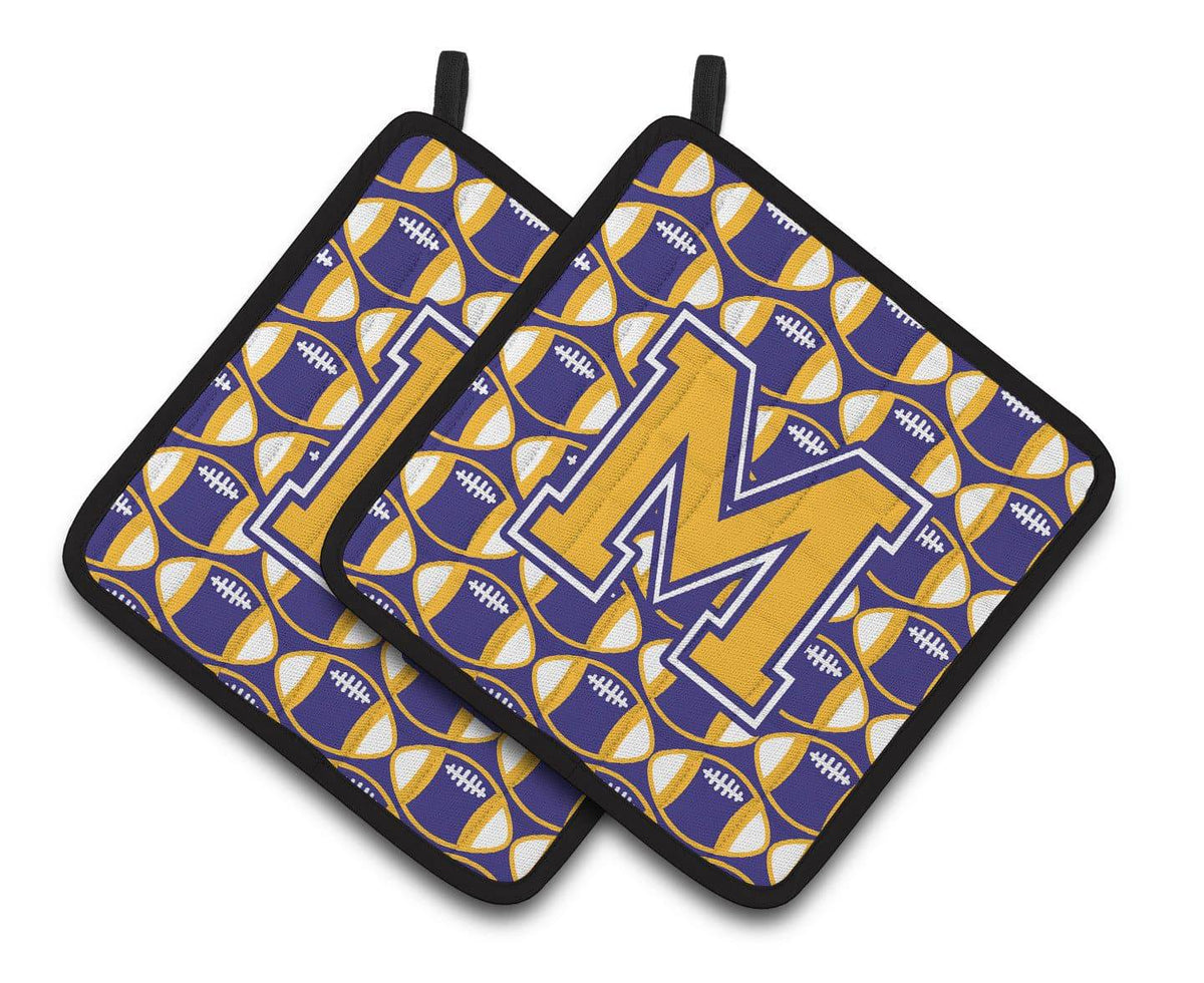 Letter M Football Purple and Gold Pair of Pot Holders CJ1064-MPTHD - the-store.com