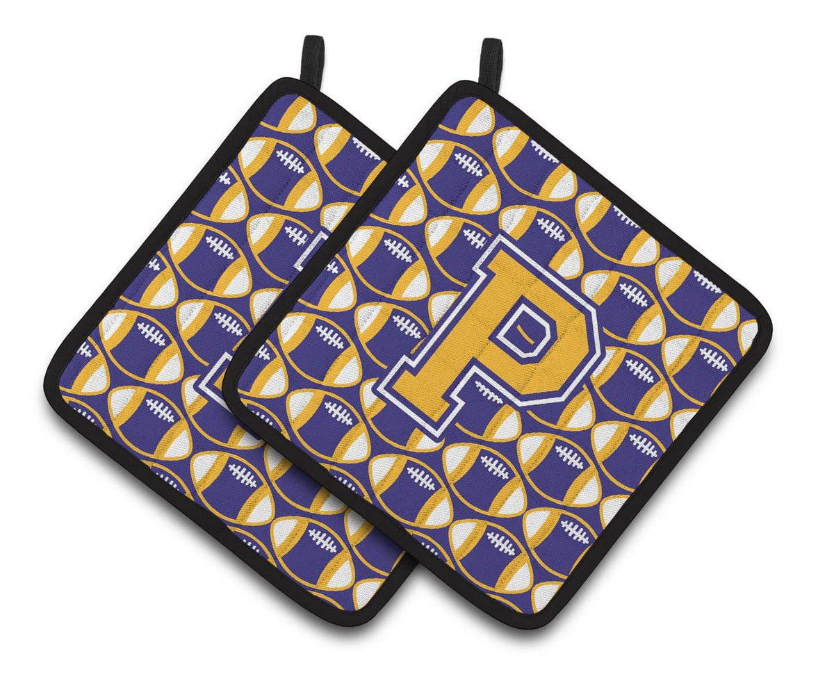 Letter P Football Purple and Gold Pair of Pot Holders CJ1064-PPTHD - the-store.com