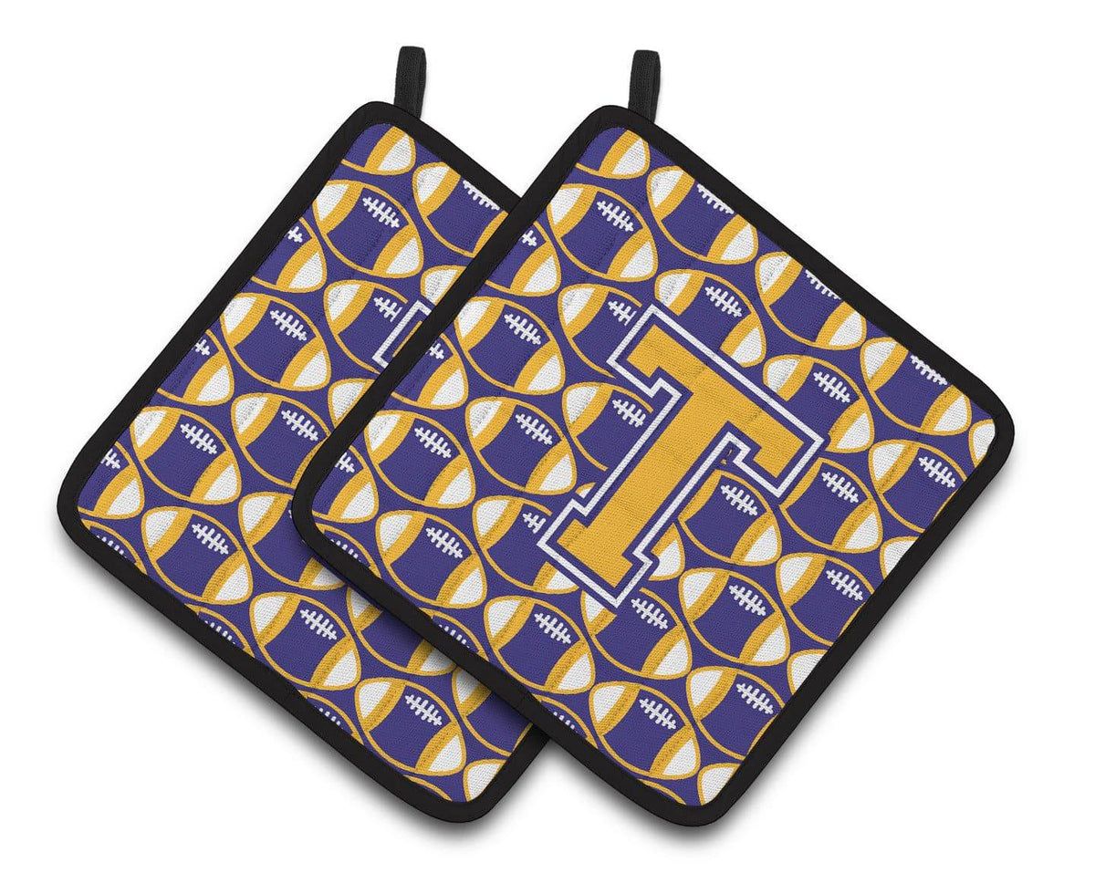 Letter T Football Purple and Gold Pair of Pot Holders CJ1064-TPTHD - the-store.com
