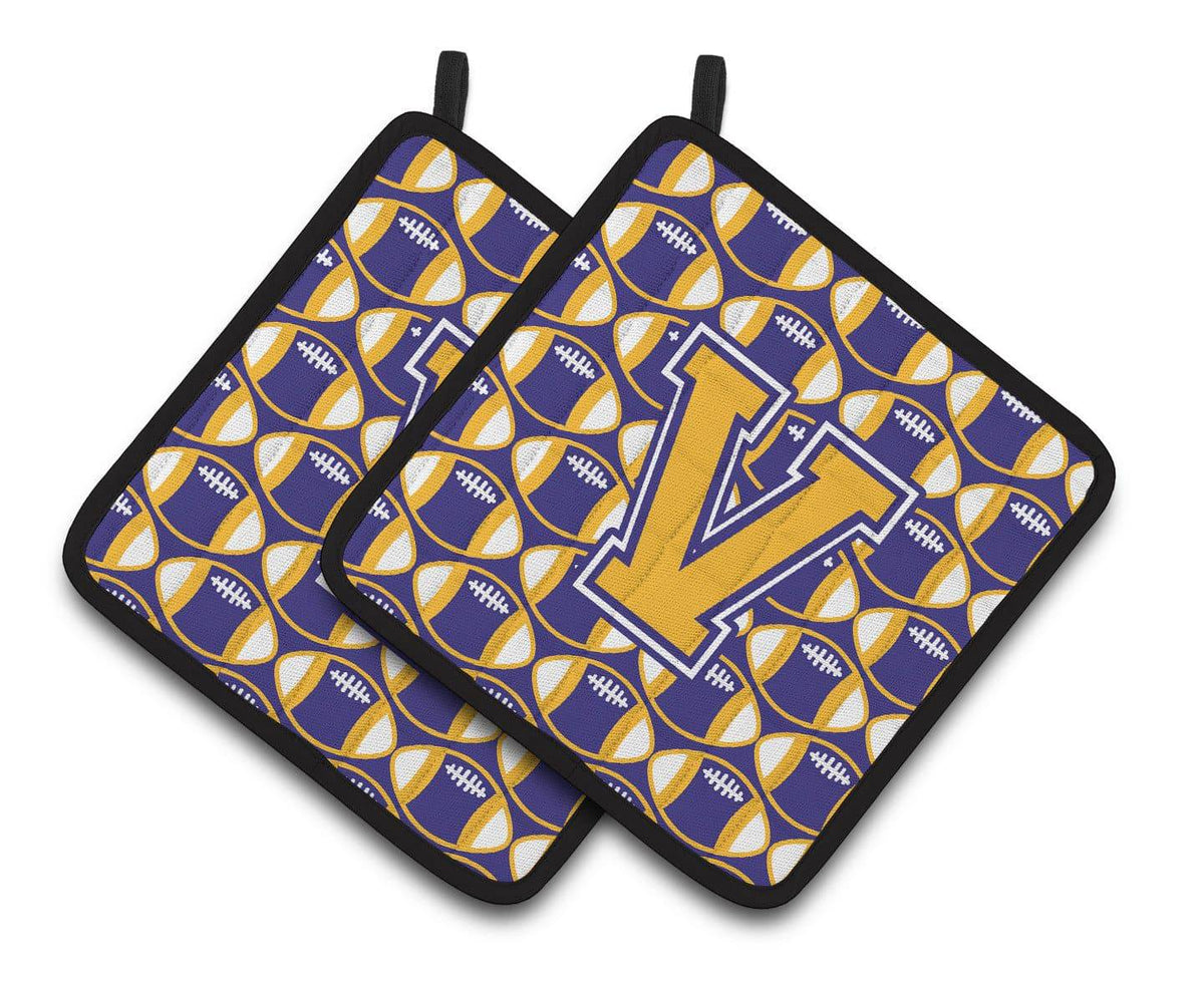Letter V Football Purple and Gold Pair of Pot Holders CJ1064-VPTHD - the-store.com