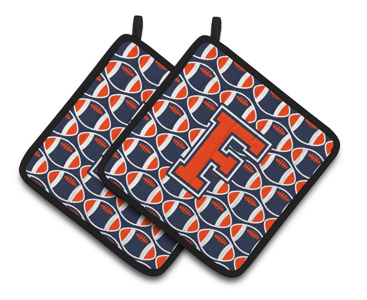 &quot;Letter F Football Orange, Blue and white Pair of Pot Holders CJ1066-FPTHD&quot; - the-store.com