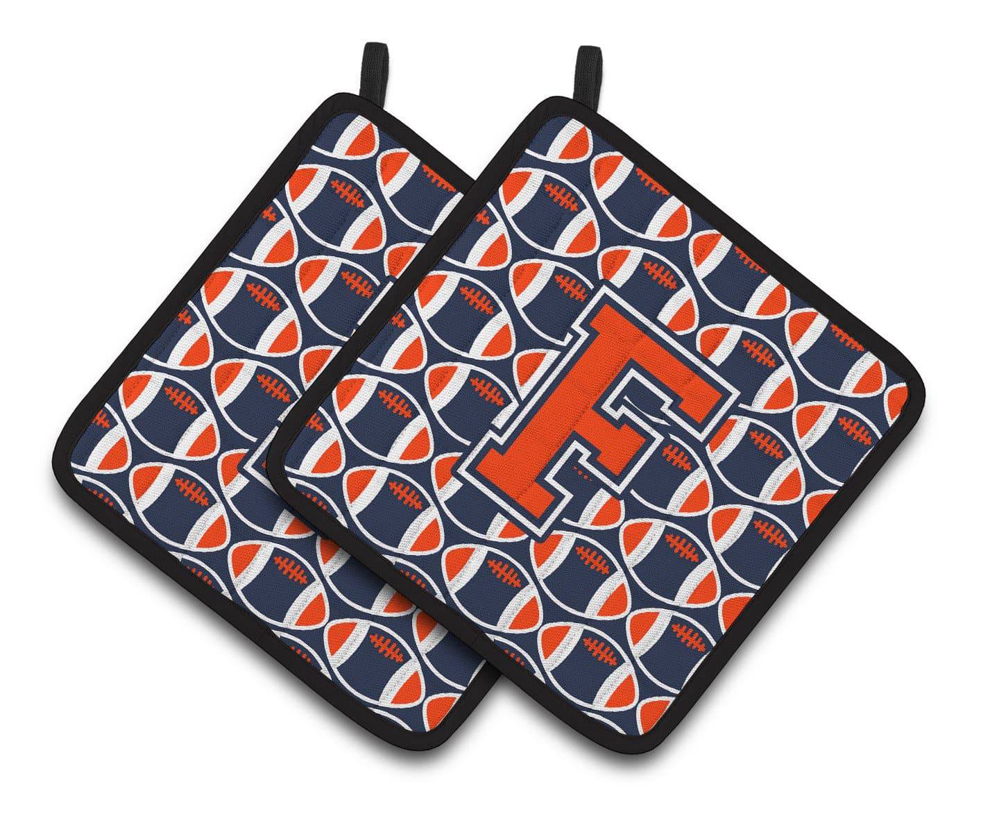 "Letter F Football Orange, Blue and white Pair of Pot Holders CJ1066-FPTHD" - the-store.com