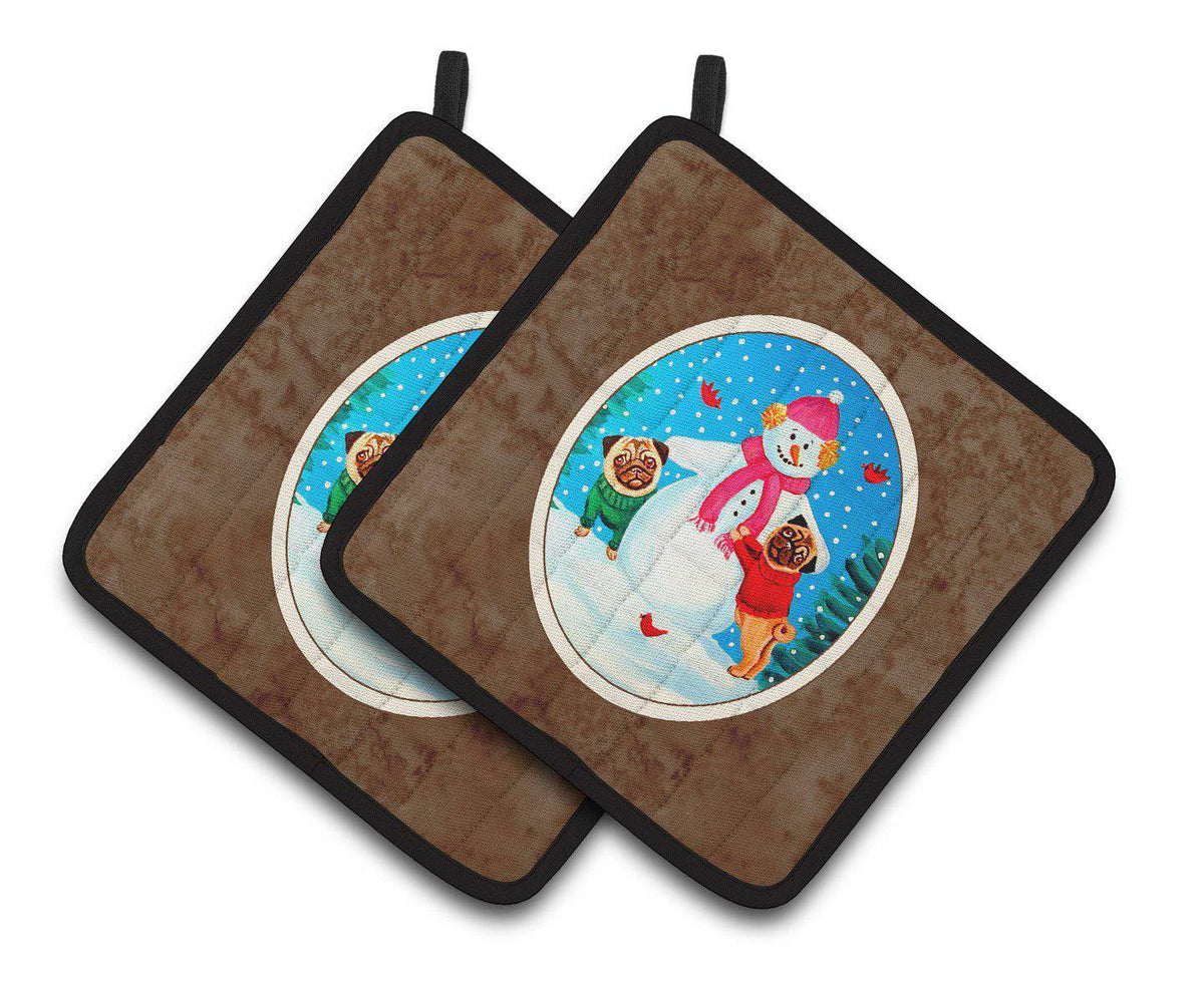 Snowman with Pug Winter Snowman Pair of Pot Holders 7115PTHD - the-store.com