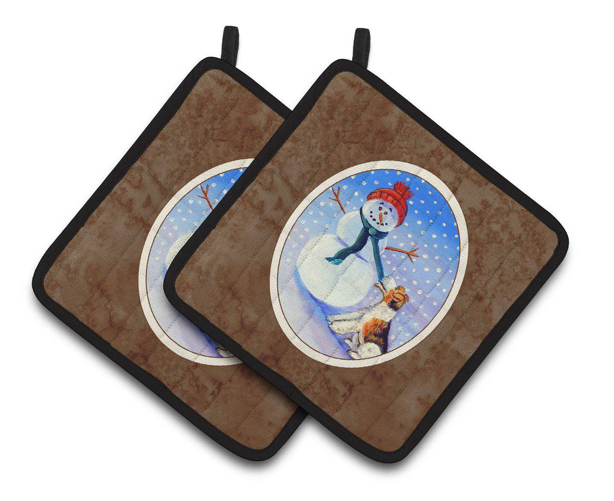 Snowman with  Fox Terrier Pair of Pot Holders 7156PTHD - the-store.com