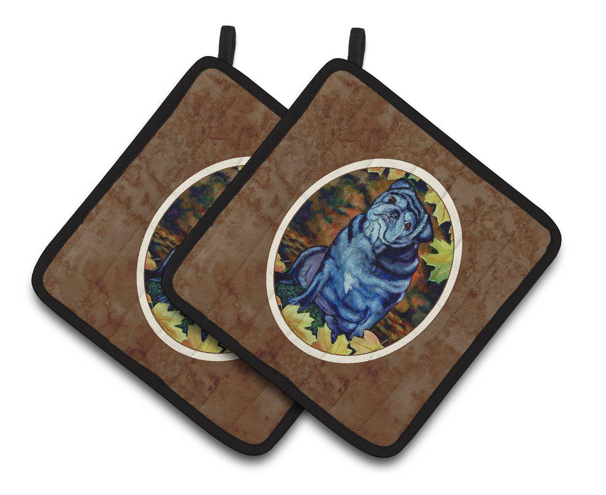 Old Black Pug in Fall Leaves Pair of Pot Holders 7159PTHD - the-store.com