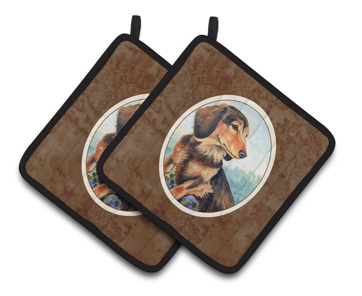 Long Hair Chocolate and Cream Dachshund Pair of Pot Holders 7023PTHD - the-store.com