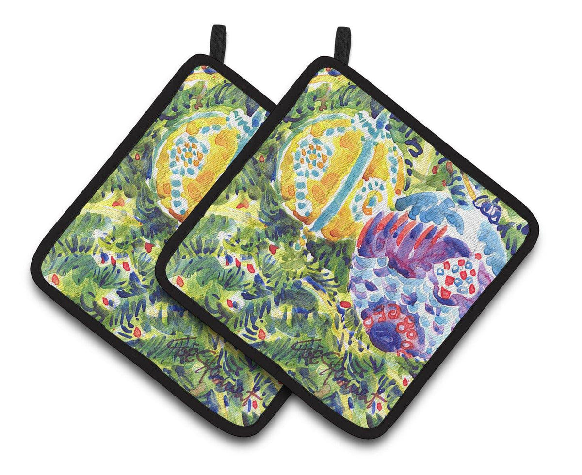 Christmas Tree Yellow and Purple Ornaments Pair of Pot Holders 6120PTHD - the-store.com