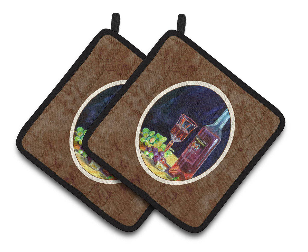 Red Wine Bottle and Glass Pair of Pot Holders 7185PTHD - the-store.com