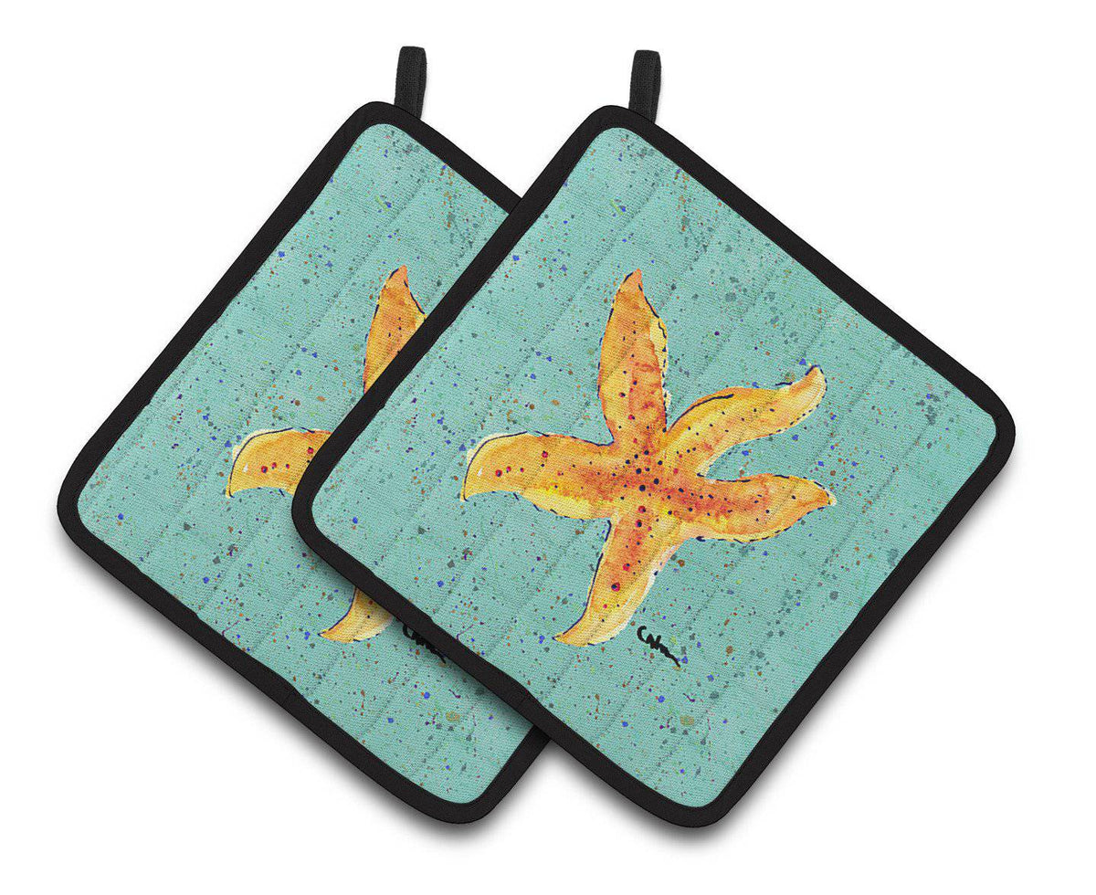 Starfish on Teal Pair of Pot Holders 8527PTHD - the-store.com