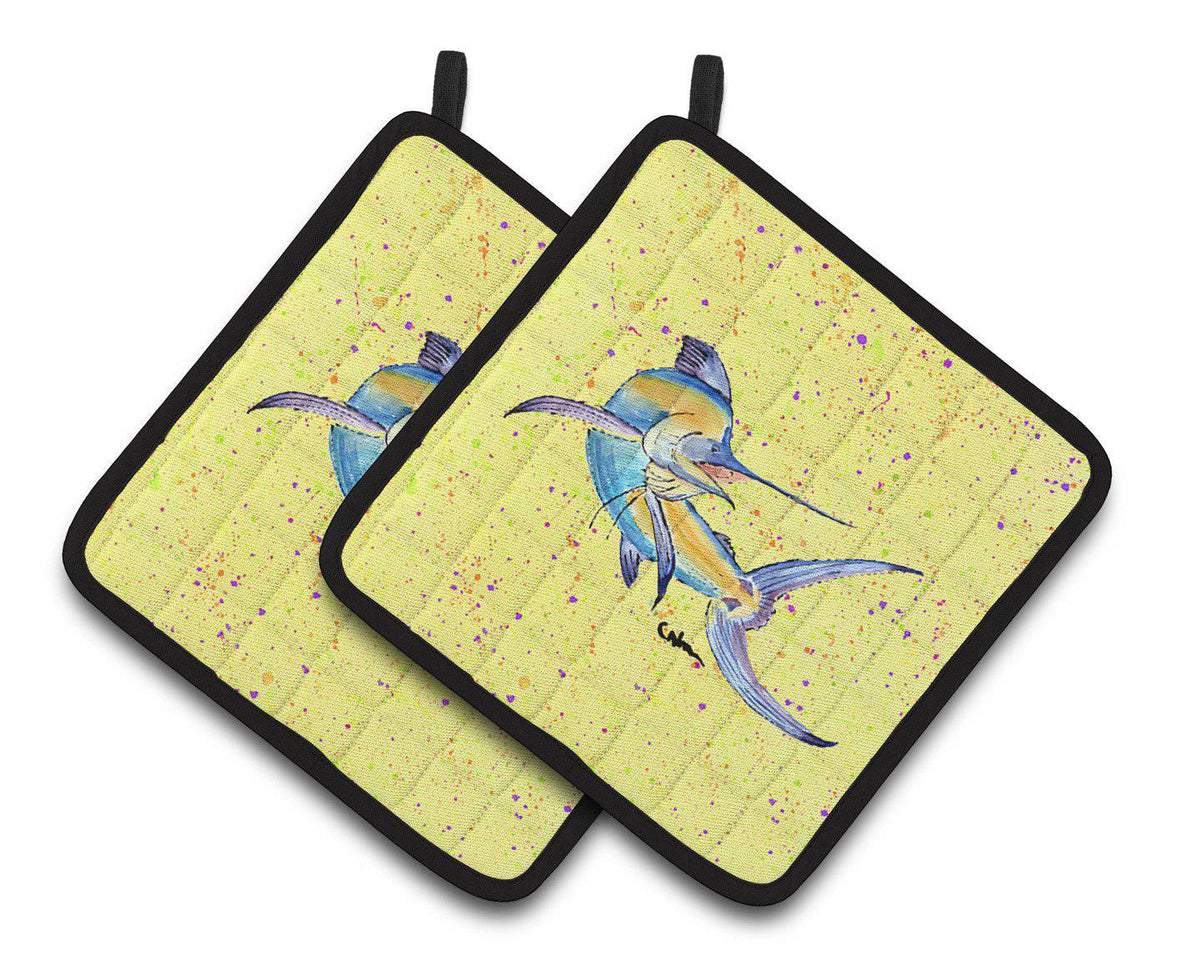Blue Marlin on Yellow Pair of Pot Holders 8533PTHD - the-store.com