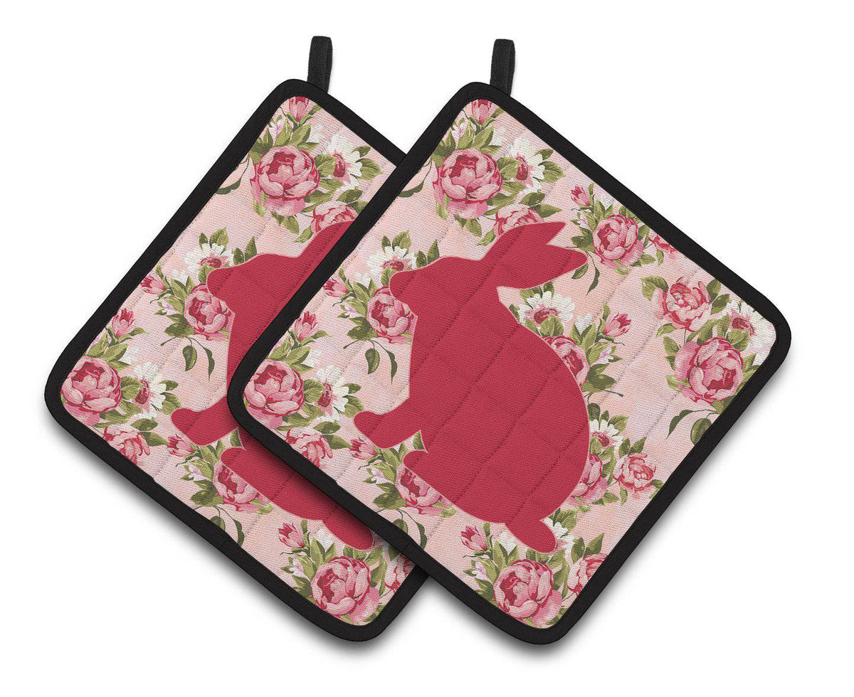 Rabbit Shabby Chic Pink Roses   Pair of Pot Holders BB1002-RS-PK-PTHD - the-store.com
