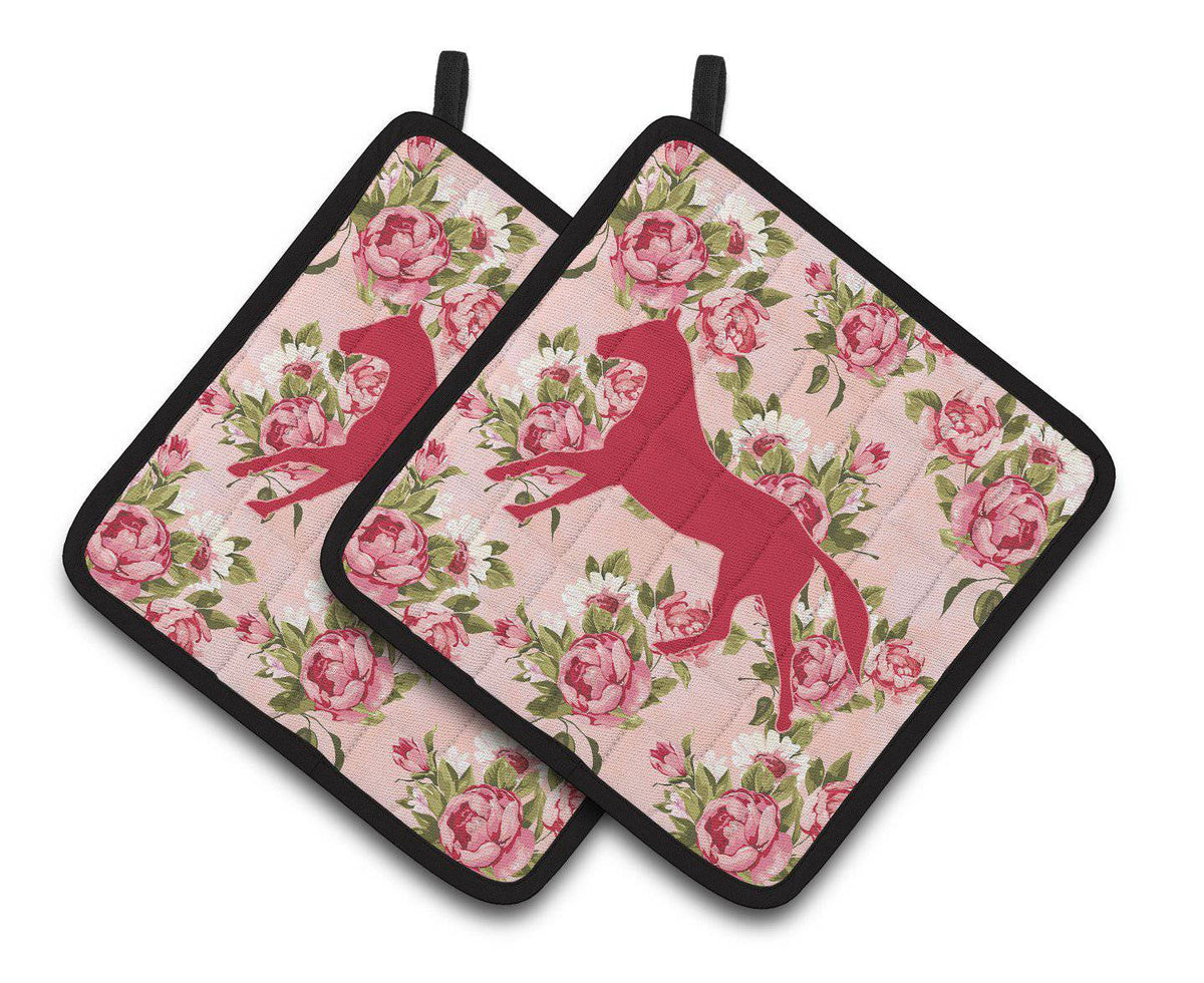 Horse Shabby Chic Pink Roses   Pair of Pot Holders BB1003-RS-PK-PTHD - the-store.com